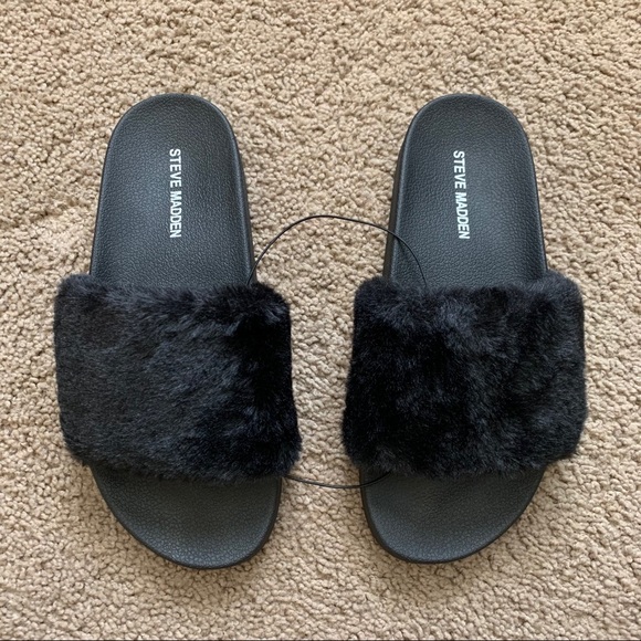 ❤️LAST NEW 10 Steve Madden Black Faux Fur Slides - Picture 10 of 12